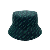 A green sublimated bucket hat with a repeating pattern and a logo present.