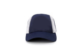 A navy blue running cap with mesh panels and a curved brim, featuring a logo on the front.