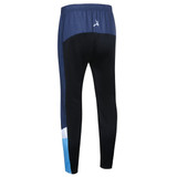 Side zip warm-up pants in navy, black, and blue, featuring an elastic waistband and a logo.