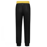 Black pants with a yellow elastic waistband and cuffs, featuring a plain design and a logo on the waistband.