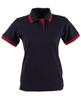A navy polo shirt featuring red accents on the collar and sleeves, with a branded logo.