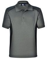 A grey kids' polo shirt with black contrast panels and a collar, featuring a logo on the upper area.