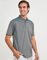 A grey men's polo shirt featuring contrast turquoise detailing and a logo. Short sleeves and a classic collar design.