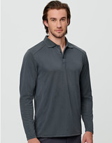 A long-sleeve polo shirt in dark grey, featuring a collar and a logo on the chest.