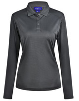 A long-sleeved polo shirt in dark grey with a collar and button placket, featuring a logo.