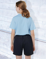 Black sports shorts made from bamboo charcoal, worn by a child in a light blue shirt, facing away from the camera.