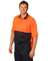 A bright orange and navy safety polo with a collar and short sleeves. It includes a pocket and features a logo.