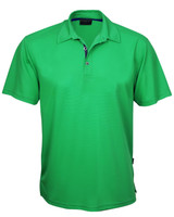A green polo shirt featuring a collar and a branding logo. Short sleeves and a button placket are visible.