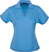 A light blue ladies' polo shirt with a v-neck and contrasting trim. It features a logo on the chest.