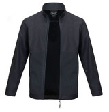 A navy jacket with a stand-up collar and a zip front, featuring long sleeves and a logo inside.
