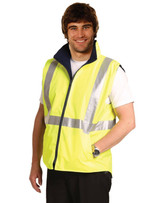 A hi-vis yellow reversible safety vest featuring hoop pattern 3M tapes, designed with a navy collar and a pocket.