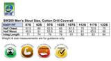 A table displaying size measurements for Hi-Vis Two Tone Men's Cotton Drill Coverall-Stout, featuring various dimensions and labels.