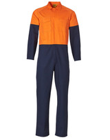 Hi-vis two-tone men's cotton drill coverall in orange and navy, featuring long sleeves and two chest pockets.