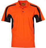 An orange short-sleeve safety polo shirt featuring black side panels and a chest pocket. It includes a logo.