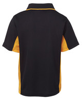 A black and yellow polo shirt featuring a branded logo, showcasing a classic design with short sleeves.