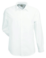 A white long-sleeve button-up shirt for men featuring a collar and a logo.