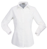 A white long-sleeve button-up shirt for ladies, featuring a collar and branding on the label.