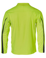 A bright yellow long-sleeve polo shirt with black accents and a logo on the chest.