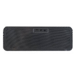 A black speaker and inductive charger with a textured surface, featuring a logo and multiple ports.
