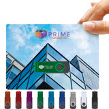 A swivel USB flash drive in various colors displayed against a card featuring a logo and a building background.