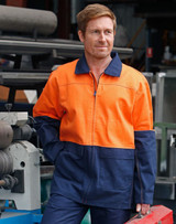 A Hi-Vis two-tone work jacket featuring bright orange and navy blue colours, with a logo on the front.