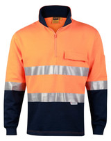 Hi-vis two-tone orange and navy fleecy jumper with reflective 3M tapes and a zip collar. Features a pocket on the chest.