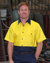 A short-sleeved Hi-Vis work shirt in yellow and navy with a logo and button details.