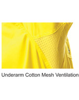 A close-up of a bright yellow safety shirt featuring underarm cotton mesh ventilation. The shirt includes a logo.