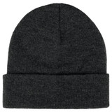 A dark grey knitted beanie featuring a rolled cuff and a small logo.