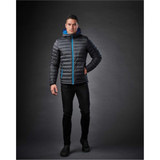 A men's thermal jacket in black with blue accents, featuring a hood and a zip front, displayed on a model.