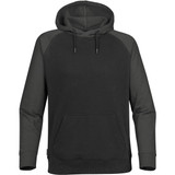 A black and green men's hoody with a front pocket and a drawstring hood, featuring raglan sleeves and a logo.