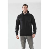 Men's black performance hoody with a hood, worn by a smiling man, paired with light grey jeans.