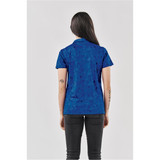 A blue women's polo shirt with a patterned design, displayed from the back. It features a logo on the collar.