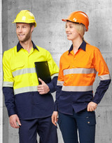 A Hi-Vis long-sleeve safety shirt in yellow and navy, and an orange variant, both featuring segmented reflective tape.