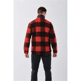 A unisex caribou fleece jacket in a red and black checkered pattern, featuring a logo.