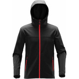 A black softshell hoody with red zippers and accents, featuring a hood and side pockets, along with branding.