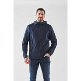 A men's navy wind jacket featuring a hood, designed for rain protection, with a logo on the front.