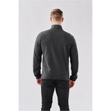 A men's full zip jacket in grey, featuring a high collar and long sleeves, viewed from the back.