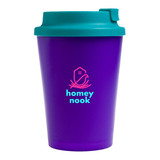 A reusable coffee cup with a vibrant purple body and a teal comfort lid, featuring the logo "homey nook."