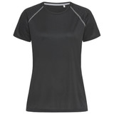 A black women's active t-shirt featuring short sleeves and a round neck, with a logo present on the design.