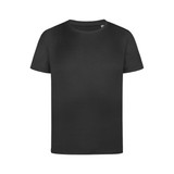 A black kids' T-shirt with a classic crew neckline and short sleeves. It features a logo on the front.