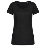 A black women's active cotton touch T-shirt with short sleeves and a scoop neckline. The shirt has a logo.