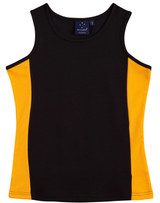 A black and yellow ladies singlet featuring a logo on the label. Short, sleeveless design.