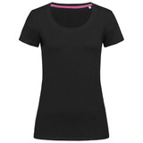A black women's crew neck t-shirt featuring a rounded neckline and short sleeves. It has a logo on the garment.