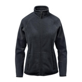 A women's polar fleece jacket in dark grey, featuring a high collar and zippered front with side pockets.