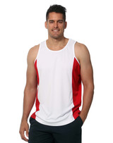 Men's singlet featuring white fabric with red contrast panels and a logo. Designed with a blend of style and comfort.
