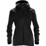 A black women's hoodie with a zip front, pockets, and a hood, featuring a logo on the side.