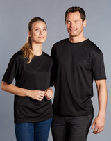 Two models wearing black short sleeve t-shirts, featuring a simple design and a logo on one shirt.