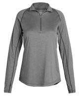 A grey long-sleeve jacket with a zip neck and raglan sleeves. It features a logo on the front.