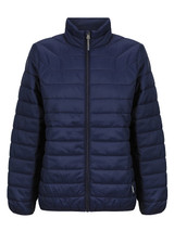 A ladies' puffer jacket in navy blue with a zip front and a sleek, quilted design. It includes a logo on the fabric.